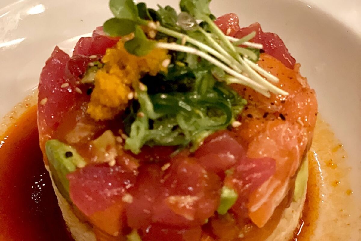 A%20tower%20of%20ahi%20tuna%20salmon%20poke%20from%20Ocean%20Prime%20Beverly%20Hills%20restaurant%2E