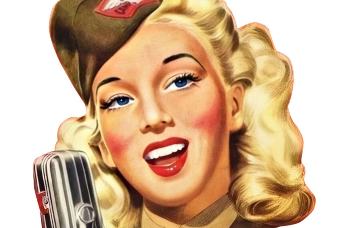 1940s%20pin%20up%20girl%20with%20USO%20uniform%20on%20singing%20into%20microphone%2E